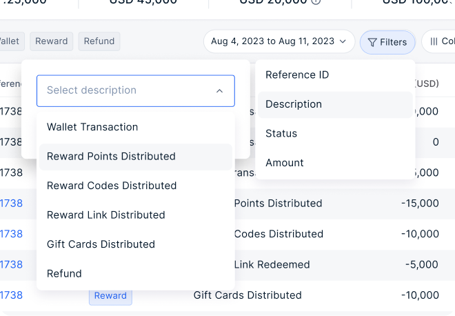 Transaction history filtered by description